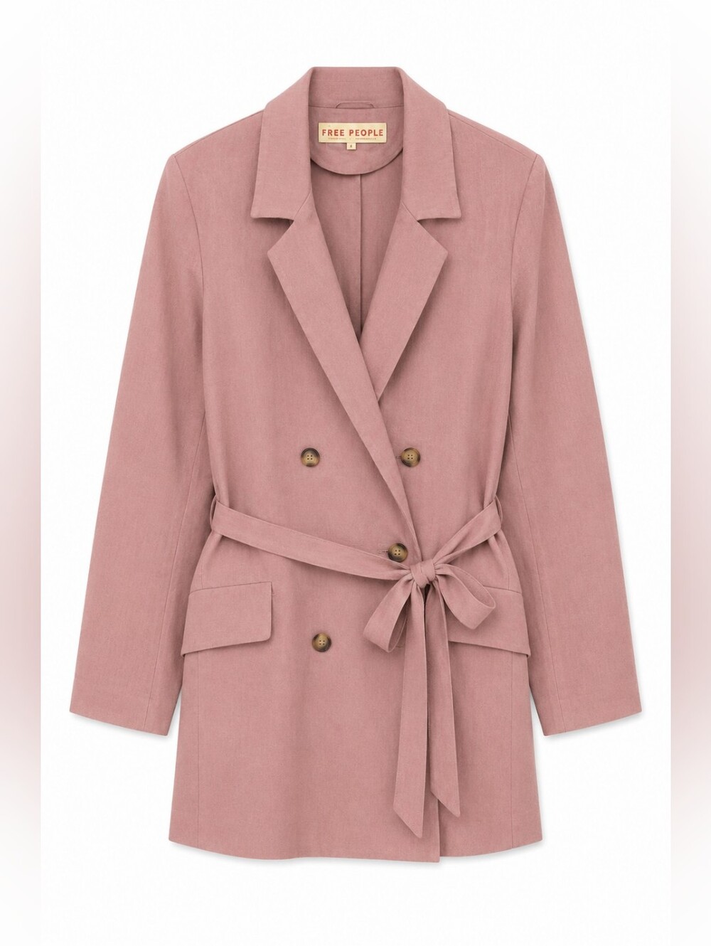 Free People Olivia Blazer Dusty Mauve Linen Blend Tie Waist Jacket, M, Scandi